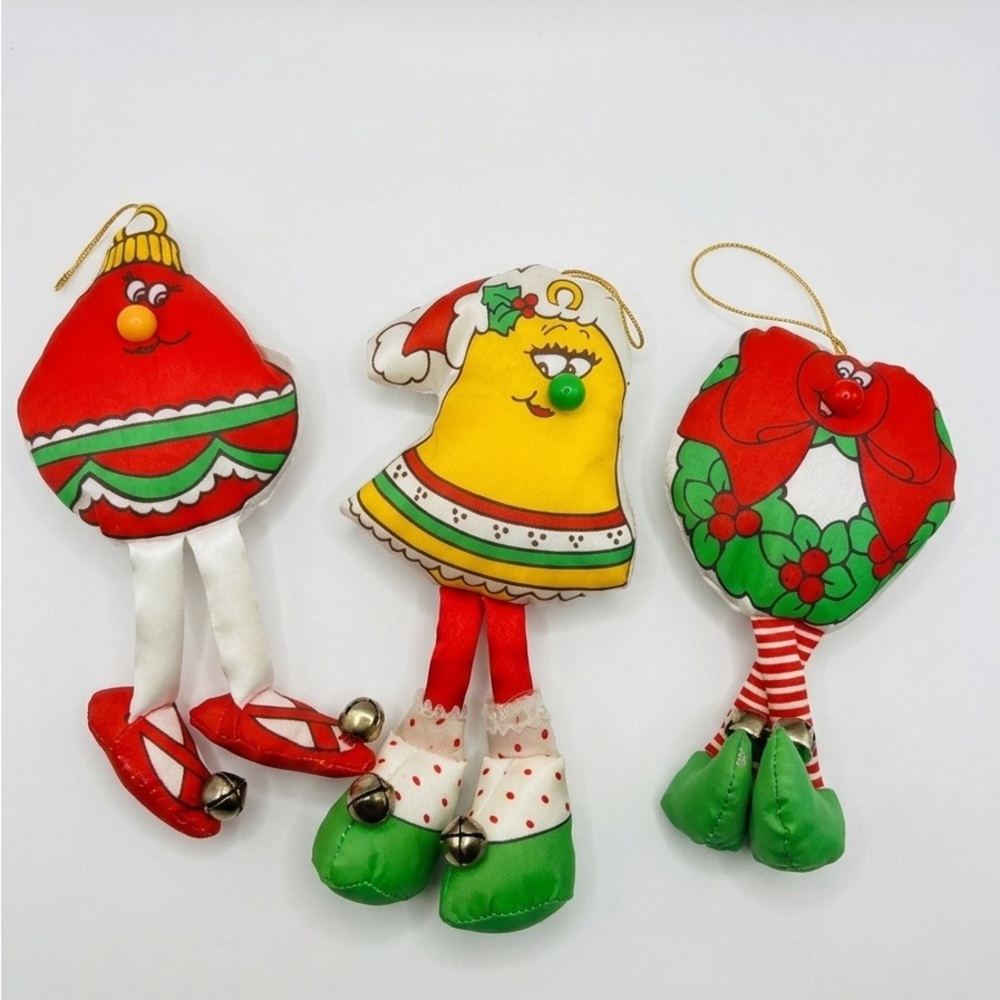 VTG 80s Christmas Plush Ornaments & Magnets Jingle Bell Legs